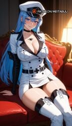 ai_generated akame_ga_kill! belt black_choker blue_eyes blue_hair blush boots breasts chest_tattoo choker cleavage closed_mouth collarbone couch dress esdeath esdeath_(akame_ga_kill!) female hair_between_eyes hat indoors lamp large_breasts long_hair long_sleeves looking_at_viewer meitabuu military military_hat military_uniform on_couch panties pantyshot peaked_cap sitting smile solo tattoo thigh_boots thighhighs thighs uniform very_long_hair white_footwear white_headwear white_thighhighs