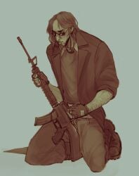 1cuntboy boots combat_boots cuntboy floating_goblin ginger goatee grinding grinding_on_weapon gun intersex kneeling long_hair looking_at_viewer m16a2 male male_focus male_only pants_down postal_(series) postal_dude pubic_hair pussy pussy_juice pussy_juice_drip rifle solo sunglasses tdick trans_man transmasc trenchcoat vagina