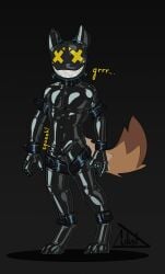 absurd_res anthro black_latex brown_body brown_fur bulge canid clothing detailed_bulge english_text feet full-length_portrait fur genital_outline hi_res latex latex_clothing latex_skinsuit looking_at_viewer lukst male mammal mask onomatopoeia penis_outline portrait simple_background skinsuit solo sound_effects tail text tight_clothing x_eyes