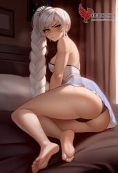 1girls 2d ai_generated ass big_ass blue_eyes breasts erophoenix female female_focus full_body looking_at_viewer patreon_username rwby scar small_breasts solo solo_female thick thick_thighs uncensored weiss_schnee white_hair