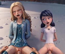 3d ai_generated belgian_female black_hair blonde_hair clothed clothing cum disney_channel duo duo_female edit female french_female looking_at_other marinette_dupain-cheng miraculous_ladybug missionary_position penis pov pussy rolling_eyes snow sublime_bartlett vaginal_penetration vulva