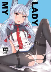 :o bangs black_legwear blush bodysuit cover cover_page covered_nipples cum cum_on_body cum_on_clothes cum_on_lower_body cum_on_upper_body doujin_cover dress female gloves hair_ribbon highres kantai_collection kyuuso_inukami long_hair looking_at_viewer murakumo_(kantai_collection) necktie orange_eyes panties panties_under_pantyhose pantyhose remodel_(kantai_collection) ribbon sailor_dress sidelocks silver_hair solo thighband_pantyhose torn_clothes torn_pantyhose tress_ribbon underwear very_long_hair white_panties