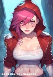 ai_generated arcane bandage big_ass big_breasts big_butt big_thighs blush from_above hood_up huge_ass huge_breasts huge_butt huge_thighs league_of_legends rain tattoo vi wanuze wide_hips