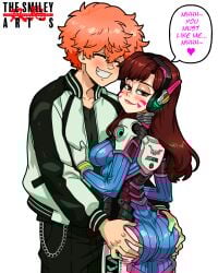 artist_logo artist_name ass_grab blushing_female blushing_male bodysuit brown_eyes brown_hair butt_grab chat_bubble crossover d.va eastern_and_western_character english facepaint female gloves grabbing grabbing_another's_ass grabbing_another's_butt grabbing_ass grabbing_butt hana_song headphones hugging hugging_another illustration looking_down male nahoya_kawata orange_hair overwatch overwatch_2 smiling sukajan text text_bubble text_on_clothing the_smiley_arts tokyo_revengers