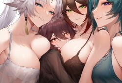 4girls big_ass big_breasts close-up crossover face_against_breast feixiao_(honkai:_star_rail) female_only fox_ears genshin_impact honkai:_star_rail hu_tao_(genshin_impact) hugging_another looking_at_viewer nightgown romantic tingyun_(honkai:_star_rail) wholesome yukong_(honkai:_star_rail)