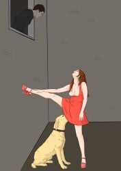 barefoot before_bestiality canine canine dmc43dmc43 dress feet high_heels implied_bestiality legs nail_polish outdoors public toenail_polish toes upskirt voyeur
