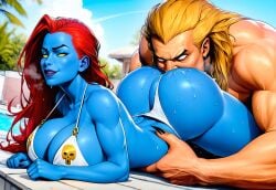 1boy 1girls ai_generated big_ass bikini blank_eyes blonde_hair blue_skin canon_couple clothed_female_nude_male eating_ass heavy_breathing large_breasts male/female marvel_comics muscular_male mystique outdoors purple_lips raven_darkholme red_hair sabretooth self_upload selvokaz sweat victor_creed waist_grab x-men yellow_eyes