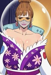 ai_generated bare_shoulders breasts brown_eyes brown_hair celestial_dragon cleavage goddess heart_shaped_earrings large_breasts lipstick noblewoman one_piece saint_shalria shades shinny_skin tenryuubito tinted_glasses veil