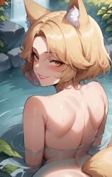 ai_generated animal_ear_fluff animal_ears ass back bangs bathing bigzbig blonde_hair blush breasts color colored completely_nude female fox_ears fox_girl fox_tail from_behind large_breasts looking_at_viewer looking_back nude onsen outdoors parted_bangs partially_submerged patreon_username ran_yakumo short_hair shoulder_blades smile solo tail touhou uncensored water watermark wet yellow_eyes