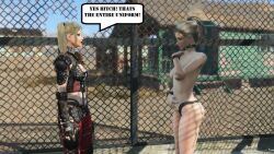 2girls 3d black_panties blonde_hair clothed_female_topless_female english_text fallout_4 female females_only mod original_character panties slave slave-hunter311 slave_raid slavegirl speech_bubble