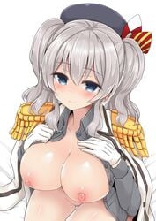 beret blue_eyes blush bottomless breasts employee_uniform epaulettes female frilled_sleeves frills gloves hat kantai_collection kashima_(kantai_collection) large_breasts looking_at_viewer military military_uniform mitsukazu_(nijigen_complex) nipples open_clothes open_shirt shirt silver_hair smile tied_hair twintails uniform wavy_hair white_gloves