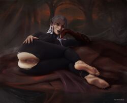 1female 1girls anklet anus arm_blade ass ass_spread asshole berseria berseriamakesart bodystocking bodysuit darker_vagina eldar elf elf_ears elf_female eyeliner eyeshadow facepaint feet female female_only fingernail_polish grey_fingernails grey_lips grey_lipstick laying_down laying_on_side light_skin light_skinned_female lipstick pussy pussy_juice red_earrings ripped_bodysuit ripped_clothing ripped_tights single_glove solo_female spread_pussy spread_vagina toes vagina vaginal_fluids warhammer_(franchise) warhammer_40k white_eyes white_hair ynnari yvraine