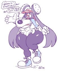 acoustic_monster clown clownification huge_breasts implied_transformation pokemon rosa_(pokemon) smile speaker sutibaru thick_lips thick_thighs transformation wide_hips