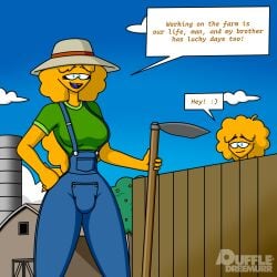 1female 1male barn blue_eyes brother brother_and_sister bulge bulge_in_overalls clothing clouds club_penguin dialogue dialogue_box disney farm farmer farmer_hat female fence green_t-shirt head_only hoe male overalls puffle puffle_carl_(puffledreemurr) puffle_sally_(puffledreemurr) puffledreemurr sister t-shirt tree yellow_fur