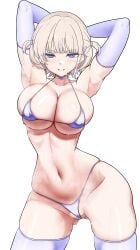 absurdres armpits bikini blonde_hair breasts cleavage elbow_gloves female gloves gluteal_fold grin highres hololive hololive_dev_is looking_at_viewer micro_bikini multicolored_hair navel purple_eyes purple_hair sakurein short_hair smile solo standing stomach streaked_hair sweat swimsuit thick_thighs thighhighs thighs todoroki_hajime two_side_up virtual_youtuber white_gloves white_thighhighs