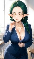 ai_generated big_breasts biting_glasses blue_clothing classroom emira_blight female female_only green_hair legitimate pointy_ears seductive seductive_eyes seductive_look seductive_smile solo solo_female teacher teacher_outfit the_owl_house yellow_eyes