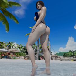 3d 3d_(artwork) 3d_model ass_focus beach beach_background blue_bikini brown_hair curvy curvy_ass curvy_female curvy_figure feet_up female hand_on_hip johnnydoes3d kazama_asuka nails_painted pose short_hair sling_bikini smile smiley_face sweating swimsuit tekken tekken_8 thick thick_ass thick_butt thick_hips thick_legs thick_thighs toenail_polish