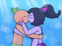 anthro bikini black_hair blush blushing bow bubble bubbles closed_eyes date eyes_closed happy holding holding_face holding_partner kissing muffet okami_tomato ponytail purple_body purple_skin red_skin spider spider_girl spider_web_bikini spider_web_print sunbeam tomato tomato_(okami_tomato) undertale undertale_(series) underwater water water_park watermark wholesome wholesome_end