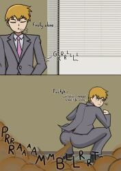 1boy arataka_reigen clenched_hand dialogue fart fart_cloud fart_fetish farting ginger_hair grunting male male_only office_clothing onomatopoeia reigen_arataka relief sigh sooshinoko squatting suit