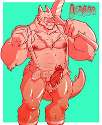 blush body_hair chest_hair clothing dogfu dragon horn looking_at_viewer male male_only navel nipples overalls pecs penis pickaxe scalie slit_pupils solo