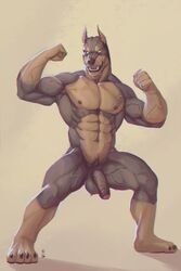 1boy 2016 abs anthro athletic athletic_male balls biceps big_muscles black_fur black_nose brown_fur cain canine doberman ear_piercing fight_pose fighting_stance flaccid flexing full-length_portrait full_length fur green_eyes grin half-erect hi_res humanoid_penis jairus male male_only mammal muscular muscular_male nipples nude open_mouth partially_retracted_foreskin pecs penis piercing pointy_ears portrait pose rrowdybeast smile solo standing teeth tongue uncut vein veiny_penis