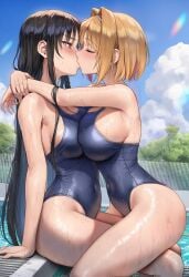 2girls big_breasts black black_hair blush breasts_to_breasts classroom_of_the_elite closed_eyes female_only hand_around_neck horikita_suzune kissing kushida_kikyou lesbian_kiss one-piece_swimsuit pool poolside red_eyes sitting_on_lap sitting_on_person swimsuit swimwear yellow_hair yuri