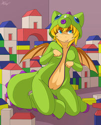 anthro block blonde_hair breasts brown_fur cute dragon_costume female fur hair helsy looking_at_viewer mammal membranous_wings navel nimbat open_mouth pussy solo tan_fur wings