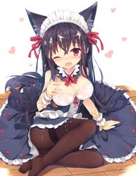 animal_ears black_hair black_legwear blush breasts cleavage cum cum_on_body cum_on_hair cum_on_lower_body dress facial female hair_ribbon heart highres long_hair looking_at_viewer maid_headdress nibiiro_shizuka one_eye_closed open_mouth original pantyhose pink_eyes red_ribbon ribbon tail wince wrist_cuffs