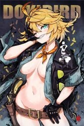 1girls barely_clothed belly_button belt belt_buckle belt_only biting biting_glove blonde_hair blue_eyes bottomless breasts button_down_shirt cleavage convenient_censoring dokibird dokibird_(bounty_hunter) glove gun holster holstered_weapon indie_virtual_youtuber jacket_open legs midriff navel open_jacket robotcat scarf sexy shirt_open short_hair sunglasses sweat teeth thighs virtual_youtuber vtuber