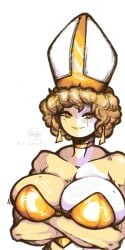1girls ave_duce ave_leontiy blonde_hair breasts choker cleavage clothing countryhumans countryhumans_girl crossed_arms earrings golden_eyes hands_under_breasts looking_at_viewer not_furry religious_headwear vatican_city_(countryhumans) white_body yellow_body