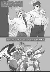 2boys 2boys2girls 2girls abel_(hazbin_hotel) adam_(hazbin_hotel) after_exercise chubby chubby_male emily_(hazbin_hotel) father_and_son flustered flustered_female hazbin_hotel horny horny_female jeans kadecreate lute_(hazbin_hotel) pants shirtless shirtless_male sweat sweating sweaty topless_male