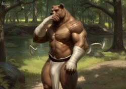 aduran anthro bandage bandaged_arm bear black_nose bottomwear brown_body brown_fur bulge clothed clothing day detailed_bulge fur genital_outline grass hi_res loincloth male male_anthro mammal muscular muscular_anthro muscular_male navel pecs penis_outline plant rock scar solo standing topless tree water white_bottomwear white_clothing white_loincloth