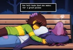 ai_generated bench big_breasts blush breast_pillow breasts cuddling deltarune exhale eyes_obscured face_between_breasts femboy femboy_on_female furry furry_on_human gentle hair_over_eyes hand_on_head head_on_breasts kris_(deltarune) large_breasts lying_on_person motorboating night night_sky nuzzling on_back park_bench self_upload susie_(deltarune) text text_bubble undertale_(series) yasuhikonsfw
