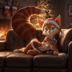 1girls ai_generated breasts christmas christmas_stockings christmas_tree couch dota dota_2 female fireplace furry hoodwink_(dota) mistletoe nipples presents santa_girl santa_hat squirrel