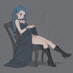 1futa ai_generated blue_dress blue_eyes blue_hair boobly boots bracelet braided_hair chair choker dark_blue_dress dress dress_lift earrings flaccid foreskin full_body futa_only futanari going_commando high_heel_boots light-skinned_futa light_skin long_hair navy_blue_dress no_panties sitting sitting_on_chair small_breasts small_penis solo