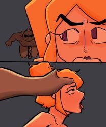1girl 2_panel_comic ahegao anthro big_breasts blonde_hair breasts close_up comic fanart female flappers_(gameoverse) furry gameoverse hair_grab hair_pull interspecies melonmiloc meme miss_information_(gameoverse) nude open_mouth profile_view short_hair surprised tongue_out topless
