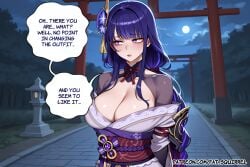 1girl ai_assisted ai_generated arms_behind_back averting_eyes black_gloves cleavage english_text fatest_squirrel genshin_impact large_breasts off_shoulder open_mouth purple_kimono raiden_shogun shy