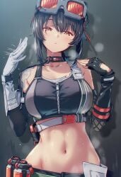 1girls ai_generated artist_request bare_shoulders belly_button big_breasts black_hair choker crop_top curvy fanning_self female fingerless_glove gloves goggles grace_howard grenade grenades hoyoverse mechanic midriff mihoyo navel raaivault solo_female sweat sweating tattoo tattoo_on_shoulder tattooed_shoulder tied_hair voluptuous voluptuous_female zenless_zone_zero zzz