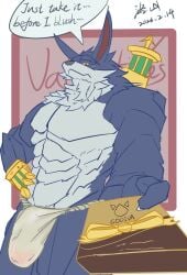 2026 anthro asian_clothing canid canine canis clothed clothing colored east_asian_clothing english_text fundoshi fundoshi_only gift holding_gift holding_object holidays japanese_clothing league_of_legends luo_shan786 male mammal muscular muscular_anthro muscular_male muscular_thighs riot_games signature solo tencent text topless underwear underwear_only valentine's_day warwick_(lol) wolf