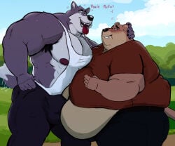 abs anthro armpit_hair bear belly belly_overhang big_belly blush bodily_fluids body_hair bottomwear bulge canid canine canis clothing detailed_bulge drooling duo hand_on_head hi_res looking_at_another looking_at_partner male male/male mammal muscular muscular_arms muscular_male nipples outside overweight overweight_male pants pecs saliva shirt smile standing tail tail_motion tailwag tank_top tcw tongue tongue_out topwear weight_difference wolf
