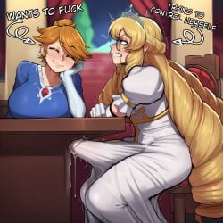 1futa 1girls ai_generated annoyed blonde_hair blush breasts bulge chair charlotteanon clenched_teeth closed_eyes dress drill_hair elbow_gloves english_text erection erection_under_clothes futa_with_female futanari gloves green_eyes hair_bun indoors jewelry large_breasts long_hair monocle multiple_girls no_nut_november orange_hair penis precum precum_through_clothing princess princess_charlotte_(charlotteanon) puffy_short_sleeves puffy_sleeves royalty short_hair short_sleeves single_hair_bun sitting smile table teeth tiara trembling twitching_penis white_dress white_gloves