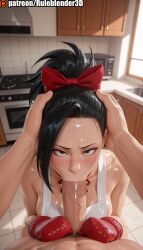 1boy :>= ai_generated apron black_eyes black_hair blush boku_no_hero_academia bow breasts erection fellatio female hairbow head_grab indoors irrumatio kitchen large_breasts looking_at_viewer male_pubic_hair mittens momo_yaoyorozu my_hero_academia oral oven_mitts penis ponytail pov pubic_hair red_bow ruleblender3d saliva shounen_jump solo_focus straight sweat uncensored veins veiny_penis yaoyorozu_momo