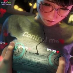 1boy 1girls 3d amelialtie animated asian asian_female breast_grab breasts clothing cute female gamer_girl horny_female male medium_breasts megane_musume_sensei_no_go_hobi_daiari nerd nerdy_female nipple_play nipple_stimulation nipples petite slim t-shirt tagme teenager video