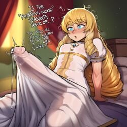 ai_generated arm_support bed blonde_hair blue_eyes blush breasts bulge charlotteanon curtains dress drill_hair english_text erection erection_under_clothes female futanari huge_cock indoors long_hair messy_hair morning morning_wood no_nut_november on_bed open_mouth pajamas penis pillow precum princess princess_charlotte_(charlotteanon) puffy_short_sleeves puffy_sleeves royalty short_sleeves sitting small_breasts solo under_covers white_dress