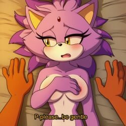 ai_generated avoiding_eye_contact blaze_the_cat domestic_cat female furry furry_female looking_away_from_viewer lying lying_on_bed novelai purple_fur sega sonic_(series) sonic_the_hedgehog_(series) subtitled