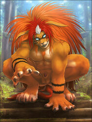 1boy abs animal_genitalia anthro balls claws crouching demon detailed_background digitigrade feline foreshortening front_view male male_only mammal muscular nude outside pecs penis penis_tip photo_background sharp_teeth sheath signature solo teeth tiger tora ushio_and_tora ushio_to_tora zen