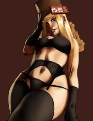 1girls arc_system_works bra female garter_straps gloves guilty_gear guilty_gear_strive hat lingerie long_hair millia_rage pivotkraner smile thick_thighs thong