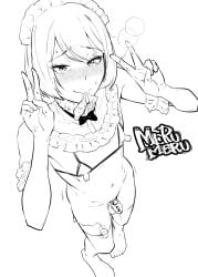 1boy artist_name blush bob_cut bow bowtie chastity_cage chastity_cage_emission closed_mouth collar commentary_request condom condom_in_mouth cum cum_string cupless_bikini detached_collar double_v elbow_gloves eyelashes femboy foot_out_of_frame frilled_collar frilled_gloves frills from_above furrowed_brow gloves greyscale hair_between_eyes hands_up heavy_breathing highres line_art lock long_nipples looking_at_viewer maid_headdress male male_focus male_only merumeru_(ts_tox_mlml) monochrome motion_lines mouth_hold navel_piercing nipples no_shoes original padlock padlocked_chastity_cage piercing precum precum_drip pubic_stubble remote_control_vibrator sex_toy sidelocks simple_background sissy small_testicles smile solo standing sweat testicles thighhighs trap tube_chastity_cage v vibrator vibrator_cord vibrator_in_thighhighs