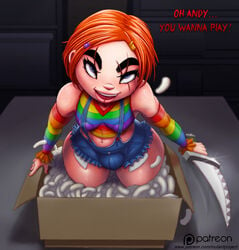 androgynous big_breasts blue_eyes breasts bulge charles_lee_ray child's_play chucky clothing dialogue dickgirl doll english_text freckles futanari genderswap ginger intersex knife looking_at_viewer midriff mutantproject nail_polish navel nipple_outline overalls rainbow_clothing rainbow_shirt red_hair redhead scars solo weapon