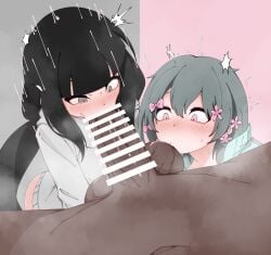 2girls aqua_jacket bar_censor black_hair blowjob blunt_bangs censor_bar censored censored_penis cevio clothed dark-skinned_male dark_skin fellatio ffm_threesome grey_background grey_eyes grey_hoodie hair_flower hairbow hood hood_down hoodie inabakumori interracial iyowa_girls kissing kissing_balls kurari-chan_(iyowa) large_penis long_hair motion_lines mv_character nazunobasho osage-chan pale_skin penis pink_background pink_bow pink_eyes pink_flower pov short_hair simple_background split_theme steam testicles threesome tongue track_jacket twintails vocaloid